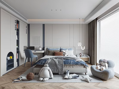 Modern Kids Room Interior With Bed Desk Stuffed Toys Decorative Rug And Window 3d model