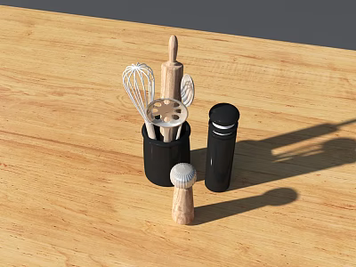 Essential Kitchen Utensils on Wooden Countertop with Whisk Rolling Pin and Spice Jar 3d model