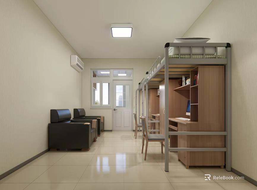 School Dormitory Interior With Bunk Beds Desks Sofa And Tiled Floor 3d model