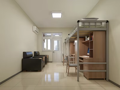 School Dormitory Interior With Bunk Beds Desks Sofa And Tiled Floor 3d model