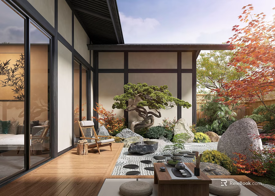 Traditional Japanese Courtyard Garden With Wooden Floor Stone Lanterns And Pine Tree 3d model 