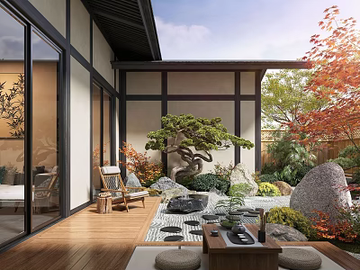 Traditional Japanese Courtyard Garden With Wooden Floor Stone Lanterns And Pine Tree 3d model