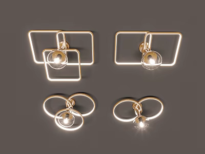 Modern Minimalist Ceiling Lights with Square and Circular Golden Metal Frames and Transparent Bulbs 3d model