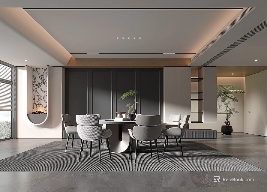 Modern Restaurant Interior With Round Dining Table Gray Chairs Dark Cabinets And Decorative Plants 3d model 