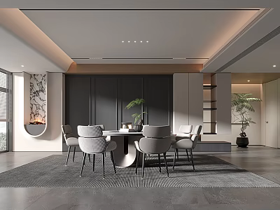 Modern Restaurant Interior With Round Dining Table Gray Chairs Dark Cabinets And Decorative Plants 3d model
