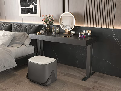 Modern Bedroom Dressing Table With Round Mirror Flower Vase Cosmetics And Stool On Wooden Floor 3d model