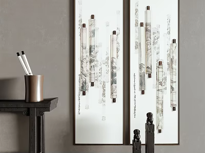 Traditional Chinese Scroll Wall Art With Wooden Side Table Pen Holder And Figurines 3d model