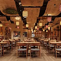 Traditional Japanese Bar Interior With Decorative Canopies Lanterns Calligraphy And Wine Shelves