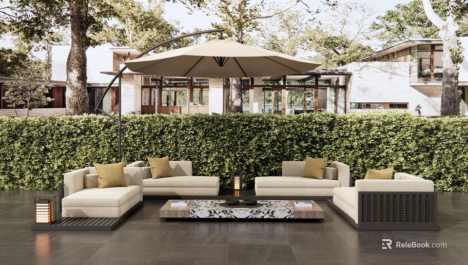 Modular Outdoor Sofa Set With Marble Top Coffee Table And Sunshade Umbrella On Patio 3d model 