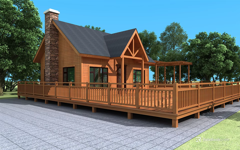 Log Cabin With Black Roof Stone Chimney Wooden Deck Surrounded By Trees Under Blue Sky 3d model 