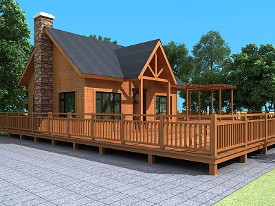 Log Cabin With Black Roof Stone Chimney Wooden Deck Surrounded By Trees Under Blue Sky 3d model