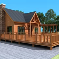 Log Cabin With Black Roof Stone Chimney Wooden Deck Surrounded By Trees Under Blue Sky