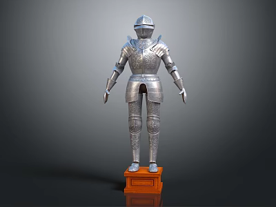 Full Body Silver Medieval Knight Armor Standing On Orange Wooden Base 3d model