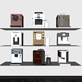 Modern Kitchen Appliances In Various Styles Arranged On Shelves