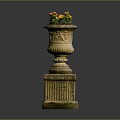 Elegant Decorative Stone Vase With Carved Base Holding Yellow Orange Flowers