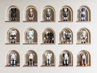 Neatly Arranged Doll Collection In Arched Wall Niches 3d model