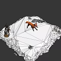 Low Poly Orange Fox Walking On Snowy Ground With Rocks And Grass
