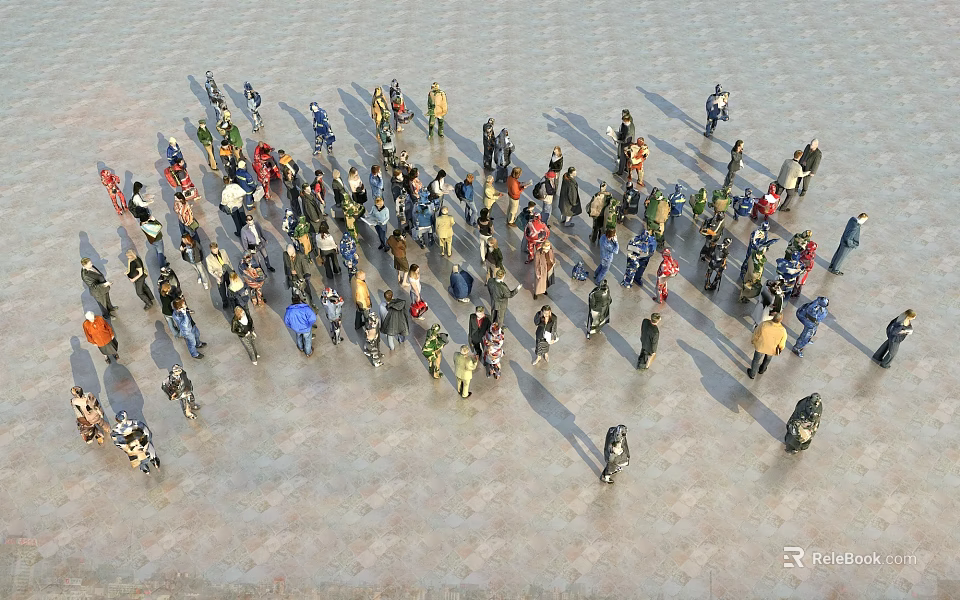 Large Group of People Walking and Standing in Spacious Plaza Aerial View 3d model 