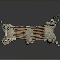Ancient Style Stone Bridge Structure With Wooden Planks Stone Pillars And Lantern Decorations