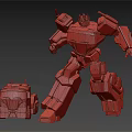 Detailed Large Red And Blue Robot Figure With Small Red Truck Model