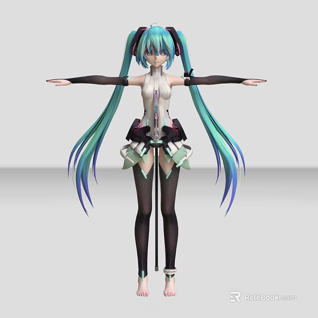 Anime Style Game Character With Long Turquoise Blue Hair Mechanical Outfit And Arms Extended Pose 3d model 