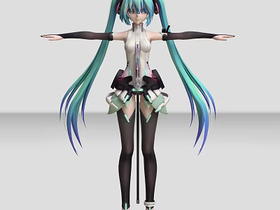 Anime Style Game Character With Long Turquoise Blue Hair Mechanical Outfit And Arms Extended Pose 3d model