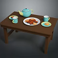 Wooden Dining Table With Blue Teapot Blue Mugs Cookies And Plates