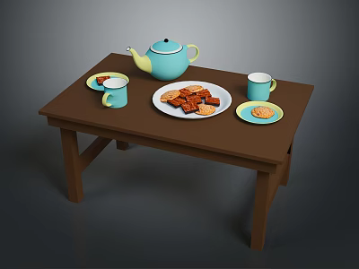 Wooden Dining Table With Blue Teapot Blue Mugs Cookies And Plates 3d model