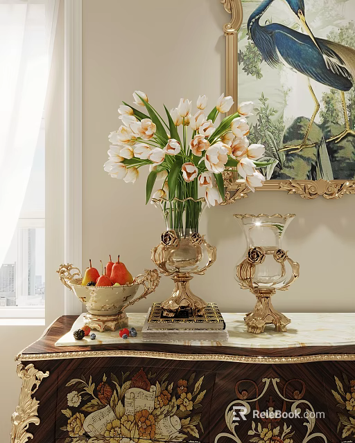 Decorative Ornament Set With White Tulip Bouquet Golden Vase Fruit Bowl And Glass Ornaments 3d model 
