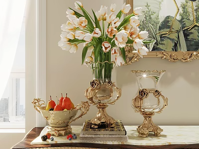 Decorative Ornament Set With White Tulip Bouquet Golden Vase Fruit Bowl And Glass Ornaments 3d model