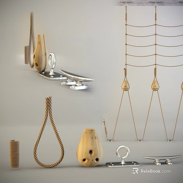 Children's Playground Equipment Components Featuring Wooden Pulleys Rope Parts And Metal Connectors 3d model 