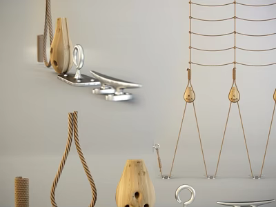 Children's Playground Equipment Components Featuring Wooden Pulleys Rope Parts And Metal Connectors 3d model