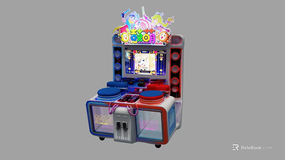 Arcade Rhythm Game Machine With Colorful Design Drum Controllers And Screen 3d model