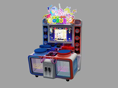 Arcade Rhythm Game Machine With Colorful Design Drum Controllers And Screen 3d model