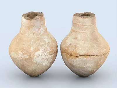Two Ancient Ceramic Vessels With Textured Worn Surfaces And Cracked Details 3d model