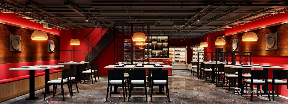 Modern Restaurant Interior With Red Walls Pendant Lights Wine Racks And Dining Tables 3d model 