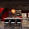 Modern Restaurant Interior With Red Walls Pendant Lights Wine Racks And Dining Tables