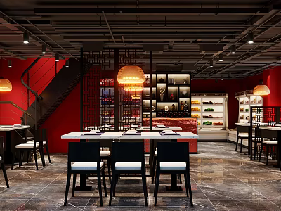 Modern Restaurant Interior With Red Walls Pendant Lights Wine Racks And Dining Tables 3d model
