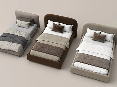 Modern Single Bed Collection with Upholstered Headboards and Neutral Bedding Tones 3d model