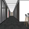 Modern Office Hallway With Glass Partitions Blinds Gray Striped Carpet Ceiling Lights And White Walls