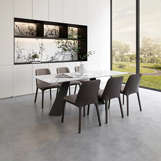 Dining Table and Chair Combination Leisure Chair Restaurant Space Green Plant Potted Plant 3d model