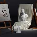 Artist's Art Supplies And Musical Instruments With Easels Canvas Plaster Statues