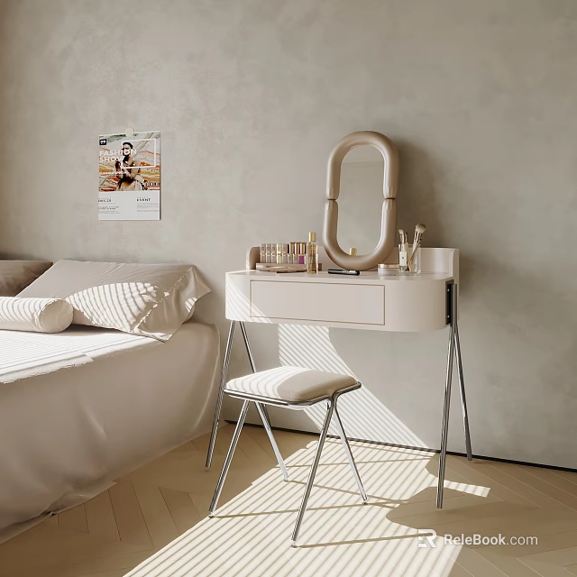 Minimalist Modern Vanity Table In Bedroom With Oval Mirror And Cosmetics 3d model 