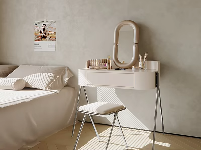 Minimalist Modern Vanity Table In Bedroom With Oval Mirror And Cosmetics 3d model