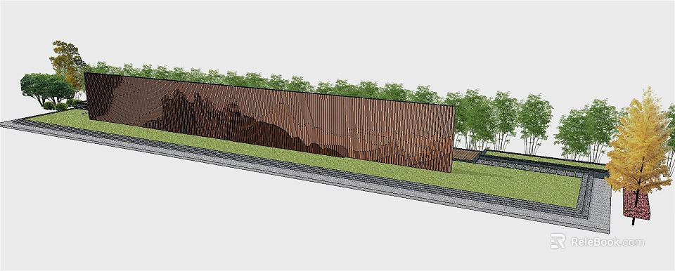 Brown Textured Scenic Wall Design With Green Trees And Lawn In Background 3d model 