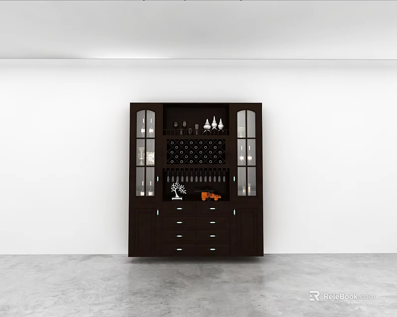 Modern Dark Wood Wine Cabinet With Glass Doors Wine Racks And Drawers 3d model 