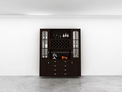 Modern Dark Wood Wine Cabinet With Glass Doors Wine Racks And Drawers 3d model