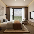 Modern Cozy Hotel Room With King Bed Wooden Headboard Soft Rug And Scenic View