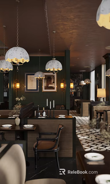 Elegant Modern Restaurant Interior With Chandeliers Decorative Paintings And Dark Green Walls 3d model 