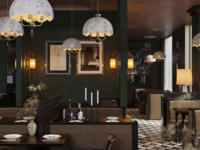 Elegant Modern Restaurant Interior With Chandeliers Decorative Paintings And Dark Green Walls 3d model